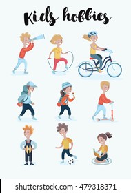 Vector cartoon cute set illustration of different kid's hobbies. Active child Sports, music, tourism, reading, education