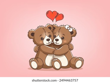 Vector de dibujos animados lindo sentado abrazando ositos de peluche amorosos. Dos corazones. Día de San Valentín. Celebración y sentimiento de amor. Emociones amables de juguetes de felpa.