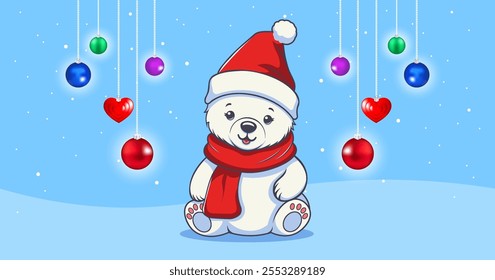 Vector cartoon cute sitting white little baby polar bear in red scarf and Santa Claus hat. Winter landscape with colorful glass New Year toys. Merry Christmas and Happy New Year. Postcard or flyer