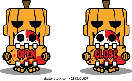vector cartoon cute skull halloween pumpkin mascot character holding open and closing board