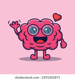 Vector cartoon cute smart human brain character waving