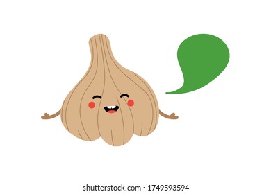 Vektorcartoon süß lächelnd schwarzen Knoblauch, fermentierte Knoblauch Charakter mit Sprache Blase, sprechen, Ratschläge geben, Informationen.
