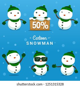 vector cartoon cute snowman figure template with various sale pose illustration, collection set