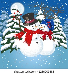 Vector cartoon, cute snowmen walk