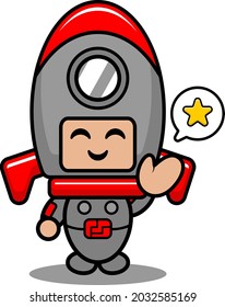 vector cartoon cute space rocket mascot costume character with star chat bubble
