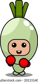 vector cartoon cute spring onion vegetable mascot character wearing boxing gloves