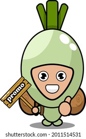 vector cartoon cute spring onion vegetable mascot character carrying a camping bag and holding a promo board