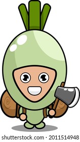 caricatura vectorial linda cebolla primaveral personaje mascota vegetal cargando una bolsa de camping y sosteniendo un hacha