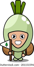 caricatura vectorial linda cebolla primaveral personaje mascota vegetal cargando una bolsa de camping y sosteniendo una bandera