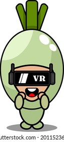 vector cartoon cute spring onion vegetable mascot character playing virtual reality