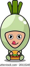 vector cartoon cute spring onion vegetable mascot character sitting eating burger