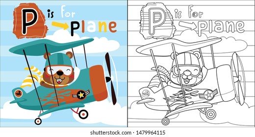 Vector cartoon of cute squirrel in pilot costume driving airplane, coloring book or page