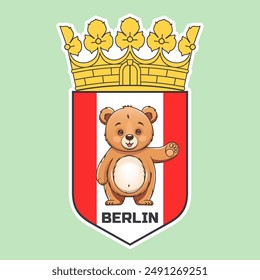 Vector de dibujos animados lindo de pie pequeño osito de peluche agitando su pata, hola. Escudo de armas ficticio de Berlín. Escudo y corona. Pegatina o placa.