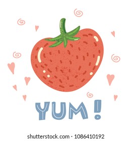 Vector cartoon cute strawberry and hand written lettering phrase yum! Simple and adorable design for posters, sites, t-shirts, nursery and kids prints
