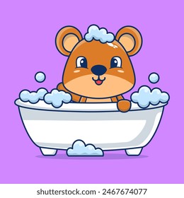 Vector cartoon cute teddy bear bathing in bathtub filled with foam