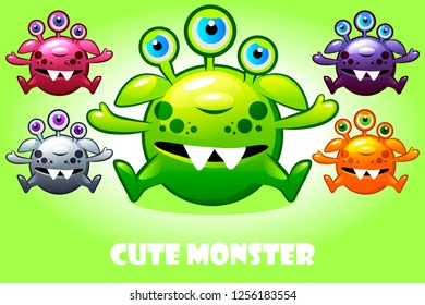 Vector cartoon cute three-eyed monster in different colors, funny character set