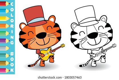 vector cartoon of cute tiger playing guitar, coloring page or book