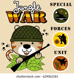 vector cartoon of cute tiger soldier holding weapon with military elements