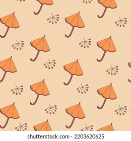 Dibujo vectorial paraguas lindos patrón transparente en un fondo amarillo, lindo doodle ilustración de fondo