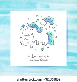 vector cartoon cute unicorn with rainbow, clouds and hearts, dreams come true lettering