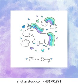 vector cartoon cute unicorn with rainbow, clouds and hearts, its a boy lettering