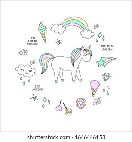 Vector cartoon cute unicorns with , with a rainbow, cloud, sweets, ice cream and other elements in a circle. Greeting card .
