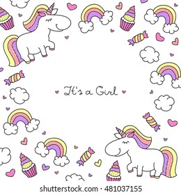 vector cartoon cute unicorns with rainbows, clouds and sweets, baby shower card or frame