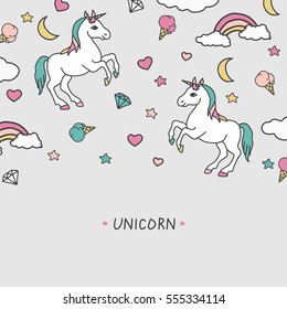 Vector cartoon cute unicorns with rainbows, clouds and sweets, greeting card or frame template.