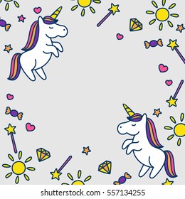 Vector cartoon cute unicorns with sun, magic wand, diamonds, hearts  and sweets, greeting card or frame template.