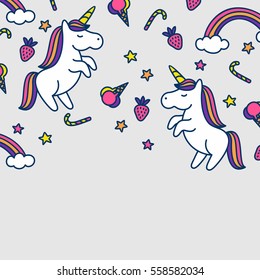 Vector cartoon cute unicorns with sun, magic wand, diamonds, hearts  and sweets, greeting card or frame template.