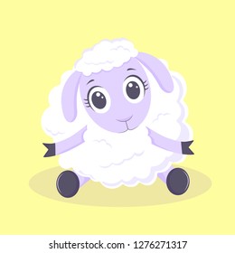 Vector cartoon cute white sheep on the yellow blackground