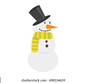 Vector cartoon cute white snowman in clothes with attributes of Christmas in hands on white background