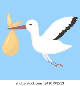 Vector cartoon cute white stork carrying baby. Delivery newborn baby illustration.