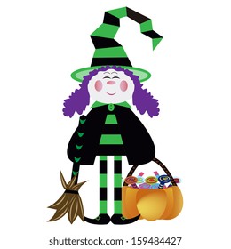 Vector Cartoon Cute Witch WIth Purple Hair Isolated