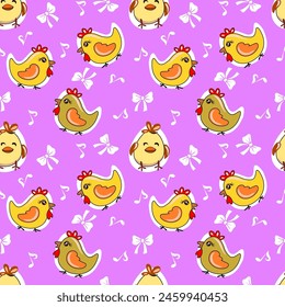 Vector cartoon cute yellow chick on a light purple background seamless pattern Used for wallpaper, gift wrapping paper, textiles.