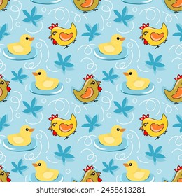 Vector cartoon cute yellow chicks and ducklings on a blue background seamless pattern Used for wallpaper, gift wrapping paper, textiles.