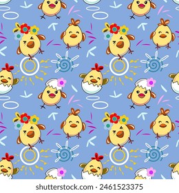 Vector cartoon cute yellow chicks seamless pattern Used for wallpaper, gift wrapping paper, textiles.