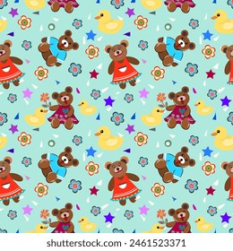 Vector cartoon cute yellow duck with teddy bear seamless pattern. Used for wallpaper, gift wrapping paper, textiles.