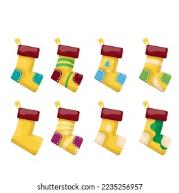 vector cartoon cute yellow and ugly christmas socks with color ornament isolated on white background. Merry Christmas vector greeting card, background, banner and poster with socks and stockings