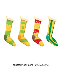 vector cartoon cute yellow and ugly christmas socks with color ornament isolated on white background. Merry Christmas vector greeting card, background, banner and poster with socks and stockings