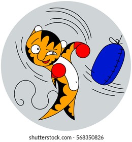 Vector cartoon cute young tiger beats a bag of martial arts