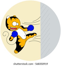 Vector cartoon cute young tiger of martial arts beats a wall