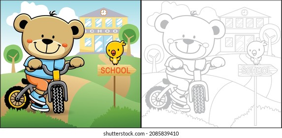 Vector cartoon of cycling bear with little bird on school building background. Coloring book or page