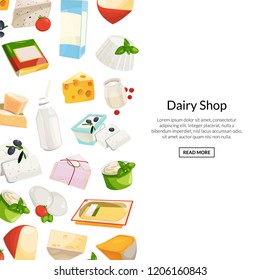 Vector cartoon dairy and cheese products background with place for text illustration. Food web banner