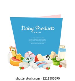 Vector cartoon dairy and cheese products below frame with place for text illustration