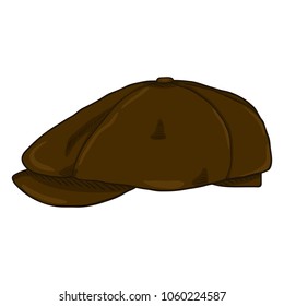 Vector Cartoon Dark Brown Retro Tweed Cap. Old Fashioned Style Head wear.