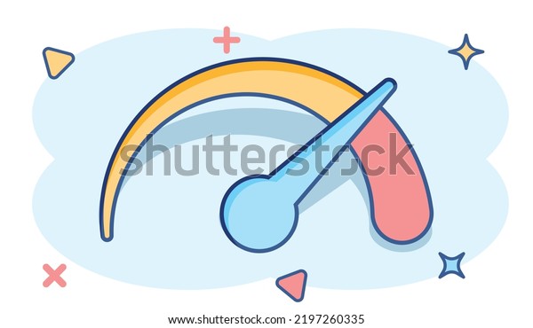 Vector cartoon dashboard icon in comic style.\
Level meter sign illustration pictogram. Speed business splash\
effect concept.