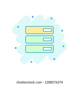 Vector cartoon database, server icon in comic style. Storage sign illustration pictogram. Server business splash effect concept.