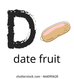 Vector cartoon of date FRUIT and letter D. Hand drawn style letter with fruit illustration for kids. Educational poster for school, preschool and home for children on white background
