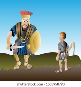 Vector cartoon of David and Goliath